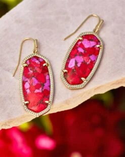 Elle Gold Drop Earrings In Bronze Veined Red And Fuchsia Magnesite -Kendra Scott Jewelry Store Kendra Scott Elle Drop Earring Bronze Veined Red Fuschia Magnesite Gold 02