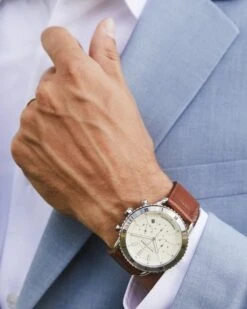 Evans Stainless Steel 44mm Chronograph Watch In Ivory -Kendra Scott Jewelry Store Kendra Scott Evans 44m Chronograph Watch Eggshell Luggage Leather Stainless Steel 00