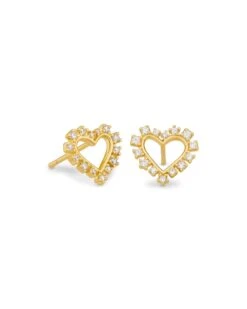 Ari Heart Gold Stud Earrings In White Crystal