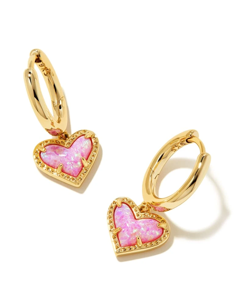 Ari Heart Gold Huggie Earrings In Bubblegum Pink Kyocera Opal 3 Ari Heart Gold Huggie Earrings In Bubblegum Pink Kyocera Opal
