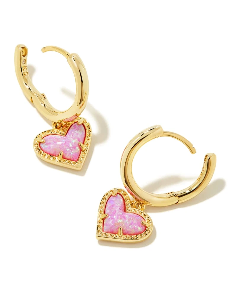 Ari Heart Gold Huggie Earrings In Bubblegum Pink Kyocera Opal 4 Ari Heart Gold Huggie Earrings In Bubblegum Pink Kyocera Opal - Image 2