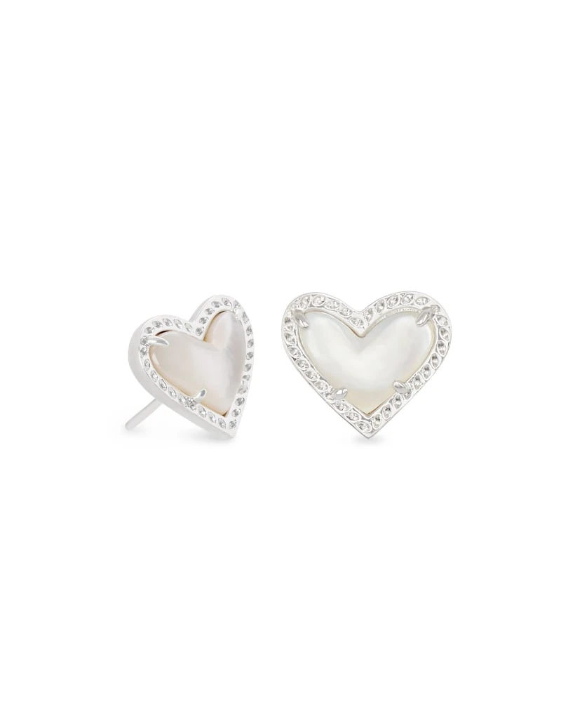 Ari Heart Silver Stud Earrings In Ivory Mother-of-Pearl 3 Ari Heart Silver Stud Earrings In Ivory Mother-of-Pearl