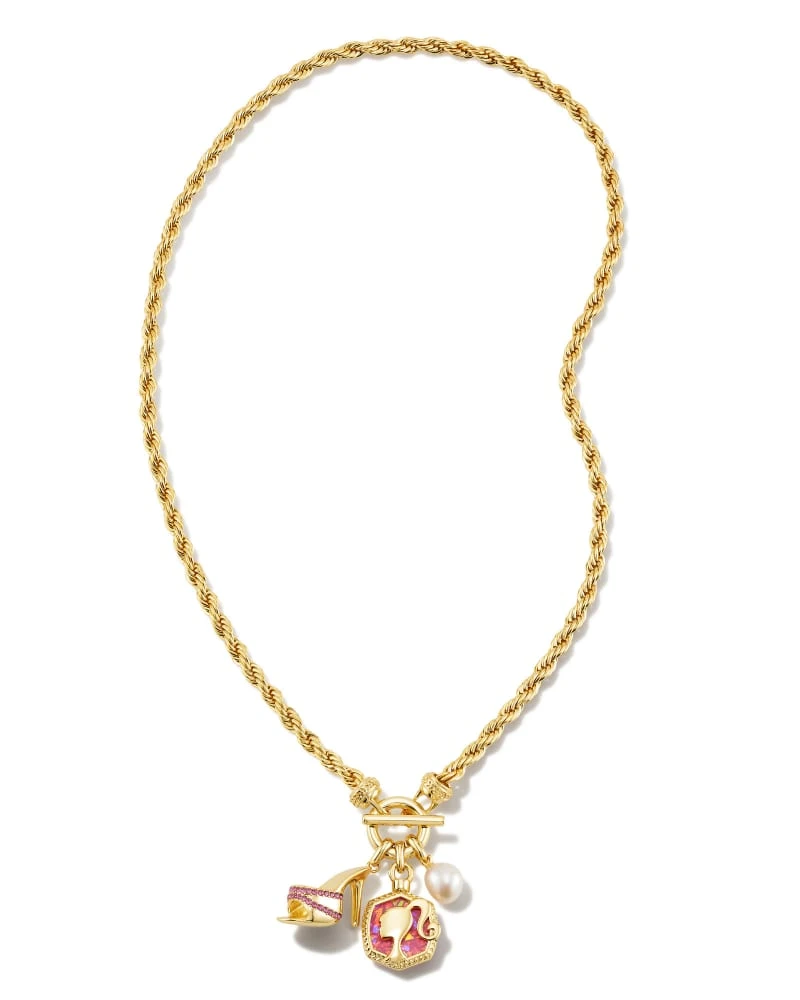 Barbie™ X Kendra Scott Gold Pearl Charm Convertible Necklace In Pink Iridescent Glitter Glass 3 Barbie™ X Kendra Scott Gold Pearl Charm Convertible Necklace In Pink Iridescent Glitter Glass