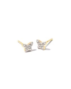 Butterfly 14k Yellow Gold Stud Earrings In White Diamond