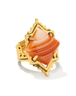 Cass Vintage Gold Cocktail Ring In Orange Banded Agate