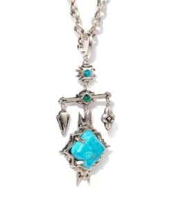 Cass Vintage Silver Large Long Pendant Necklace In Variegated Dark Teal Magnesite -Kendra Scott Jewelry Store kendra scott cass lg long pendant necklace vintage silver teal howlite 01