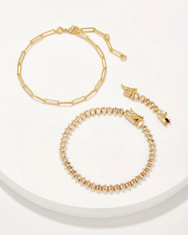 Courtney Gold Paperclip Bracelet Set Of 2 In White Crystal 3 Courtney Gold Paperclip Bracelet Set Of 2 In White Crystal