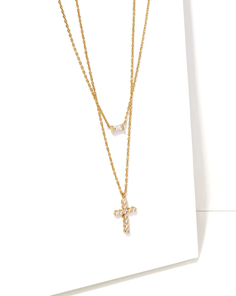 Cross Gold Pendant Necklace Layering Set In White Crystal 3 Cross Gold Pendant Necklace Layering Set In White Crystal