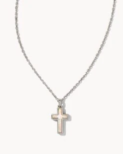 Cross Silver Pendant Necklace In White Kyocera Opal