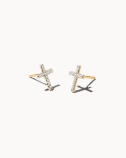 Cross 14k Yellow Gold Medium Stud Earrings In White Diamond