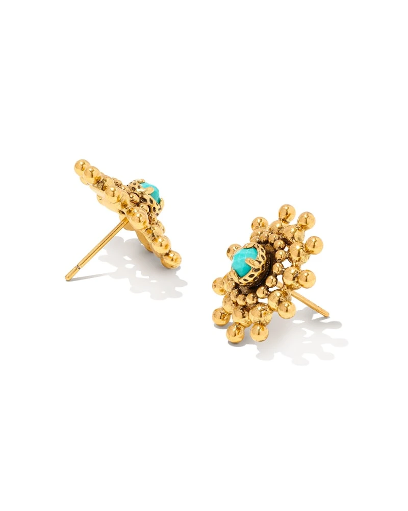 Dryden Vintage Gold Stud Earrings In Variegated Turquoise Magnesite 4 Dryden Vintage Gold Stud Earrings In Variegated Turquoise Magnesite - Image 2