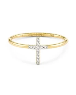 Cross 14k Yellow Gold Band Ring In White Diamond