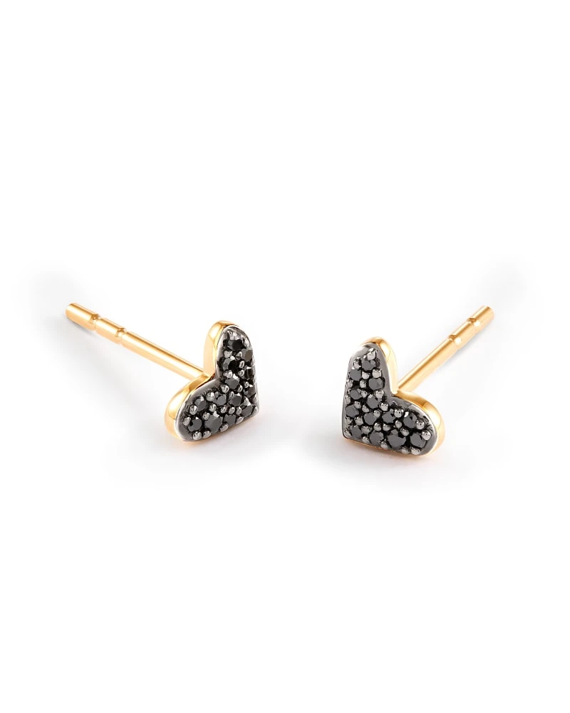 Heart 14k Yellow Gold Stud Earrings In Black Diamond 6 Heart 14k Yellow Gold Stud Earrings In Black Diamond - Image 4