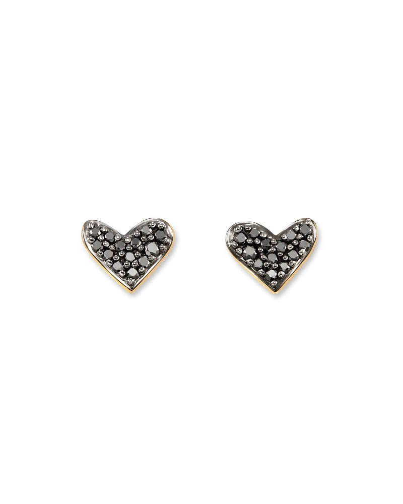 Heart 14k Yellow Gold Stud Earrings In Black Diamond 3 Heart 14k Yellow Gold Stud Earrings In Black Diamond