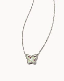 Lillia Butterfly Silver Pendant Necklace In Dichroic Glass